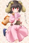  animal_ears argyle black_hair blush bunny_ears bunny_tail carrot dress ear_socks gloves inaba_tewi jack_(slaintheva) jewelry necklace pink_dress pink_gloves puffy_sleeves rabbit_ears red_eyes sash scarf short_hair short_sleeves socks_on_ears solo tail touhou translation_request 