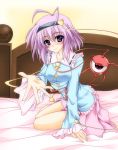 aoi_hiro blush hairband heart komeiji_satori light_smile long_sleeves looking_at_viewer on_bed outstretched_arm outstretched_hand purple_eyes purple_hair shirt sitting skirt smiule solo third_eye touhou violet_eyes wide_sleeves 