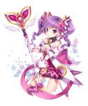  aisha_(elsword) bow breasts cleavage elsword flower gloves hair_ribbon looking_at_viewer nardack purple_eyes purple_hair ribbon smile solo staff twintails violet_eyes white_gloves 