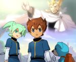  4boys brown_hair crown fei_rune gloves green_hair inazuma_eleven_(series) inazuma_eleven_go inazuma_eleven_go_chrono_stone king_arthur_(inazuma_eleven) male matsukaze_tenma mizuhara_aki multiple_boys open_mouth wonderbat 