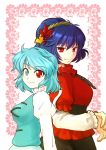  aaru_(r-kun) blue_eyes blue_hair breasts collaboration hair_ornament heterochromia leaf long_sleeves multiple_girls purple_hair red_eyes rope short_hair skirt smile socha tatara_kogasa touhou yasaka_kanako 