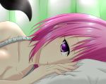  1girl bed face lying momo_velia_deviluke pillow pink_hair purple_eyes short_hair solo tail to_love-ru violet_eyes 