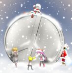  aqua_eyes blonde_hair blue_hair capelet christmas crossed_legs densou_tenshi_valforce harukaze_ren hat hokyou_mei kannagi_ai karukan_(monjya) legs_crossed long_hair misawa_elena mittens multiple_girls orange_hair pantyhose peace_symbol pink_hair ponytail red_eyes sack santa_costume santa_hat scarf short_twintails single_shoe sitting sitting_on_lap sitting_on_person twintails winter_clothes winter_coat 