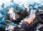  2012 2013 aqua_hair artist_name boots checkered checkered_floor cross-laced_footwear frills green_eyes hatsune_miku high_heels himitsu_keisatsu_(vocaloid) lace-up_boots long_hair shoes skirt solo suzui_narumi thigh-highs thighhighs twintails very_long_hair vocaloid wink 
