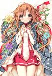  asuna_(sao) blush braid brown_eyes brown_hair flower hands_on_own_chest jewelry long_hair long_sleeves looking_at_viewer lying on_back open_clothes open_coat petals ring shino_(eefy) shirt skirt smile solo sword_art_online very_long_hair 