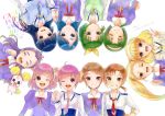  ;d akimoto_komachi aoki_reika blonde_hair blue_hair brown_hair candy_(smile_precure!) circle_formation closed_eyes color_connection creator_connection green_hair hairband hino_akane hoshizora_miyuki kasugano_urara kise_yayoi long_hair mamii midorikawa_nao mimino_kurumi minazuki_karen multiple_girls natsuki_rin necktie open_mouth pink_hair ponytail precure purple_hair rainbow_order school_uniform short_hair smile smile_precure! twintails two_side_up white_background wink yes!_precure_5 yumehara_nozomi 