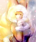  blonde_hair breasts dearmybrothers fox_tail fur_trim hands_clasped highres looking_at_viewer multiple_tails short_hair smile solo tail touhou winter_coat yakumo_ran yellow_eyes 