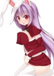  alternate_costume animal_ears blue_panties blush breasts bunny_ears bunny_tail capelet chimunge cleavage detached_sleeves highres large_breasts long_hair looking_at_viewer midriff open_mouth panties pantyshot pantyshot_(sitting) purple_hair rabbit_ears red_eyes reisen_udongein_inaba santa_costume shirt sitting skirt skirt_lift skirt_set solo striped striped_panties tail thigh-highs thighhighs touhou underwear very_long_hair white_legwear zettai_ryouiki 