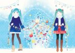  aqua_eyes aqua_hair bird boots christmas closed_eyes earrings eyes_closed green_hair hatsune_miku jewelry knee_boots kyang692 long_hair mig_(36th_underground) multiple_girls musical_note open_mouth pantyhose skirt twintails vertical-striped_legwear vertical_stripes very_long_hair vocaloid 