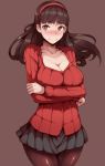 amagi_yukiko black_hair black_legwear blush breast_hold breasts cardigan cleavage crossed_arms hairband large_breasts long_hair miniskirt pantyhose persona persona_4 pleated_skirt revision ribbed_sweater shy simple_background skirt smile solo sweater zako_(arvinry) 