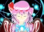  bat_wings black_background blouse bust closed_eyes eyes_closed hat hat_ribbon light_particles light_smile light_trace light_trail open_hands remilia_scarlet ribbon solo teke28 touhou wings 