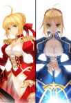  1girl aestus_estus ahoge armor armored_dress blonde_hair breasts cleavage dress epaulettes excalibur fate/stay_night fate_(series) green_eyes hair_ribbon multiple_girls ribbon riki_(elseeker) saber saber_extra solo sword weapon 