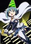  blue_hair breasts cape cleavage detached_sleeves gloves hat magical_girl mahou_shoujo_madoka_magica mesushirindaa miki_sayaka open_mouth skirt solo sword thigh-highs thighhighs weapon 