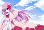  alternate_hairstyle blush breasts clothed_navel crescent double_bun erect_nipples flower hair_flower hair_ornament kanatsu large_breasts long_hair no_hat no_headwear patchouli_knowledge petals purple_hair red_eyes red_rose rose solo touhou 