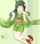  alternate_hairstyle araragi_tsukihi bakemonogatari black_hair green_eyes inaka_keikou japanese_clothes jumping kimono long_hair monogatari_(series) sandals side_ponytail solo yukata 