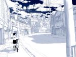  bicycle black_hair blue cloud clouds emukami from_behind highres kneehighs lamppost monochrome original school_uniform serafuku shadow short_hair sky solo street telephone_pole town tree 