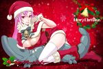  boots bow breasts christmas cleavage date_naoto gloves hat highres knee_boots large_breasts long_hair looking_at_viewer mistletoe original parted_lips pink_eyes pink_hair santa_costume santa_hat shiny shiny_skin smile stuffed_animal stuffed_toy thigh-highs thighhighs thighs wreath zettai_ryouiki 