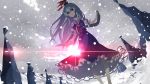  absurdres blue_dress cloud clouds cloudy_sky dress hat highres kamishirasawa_keine long_hair neckerchief open_mouth puffy_sleeves red_eyes scroll seu_(hutotomomo) shirt short_sleeves silver_hair sky snow snowing solo sunset touhou 