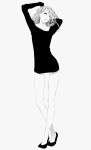  black_dress dress hand_in_hair high_heels highres legs lips long_hair long_legs monochrome original sawasawa shoes short_dress solo 