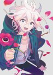  anemone_(flower) blood dangan_ronpa flower grey_eyes hoodie jacket komaeda_nagito long_hair solo super_dangan_ronpa_2 tears white_hair 