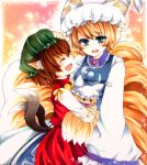  animal_ears anor blonde_hair blush bow brown_hair cat_ears cat_tail chen closed_eyes doll dress eyes_closed fang fox_tail green_eyes hand_on_head hat highres millipen_(medium) multiple_girls multiple_tails open_mouth pastel_(medium) petting short_hair smile tail touhou traditional_media yakumo_ran 