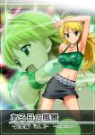  ahoge arm_up blonde_hair blush breasts cover green_eyes hoshii_miki idolmaster long_hair looking_at_viewer midriff navel open_mouth smile solo t-hiko 