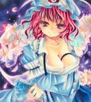  anor blush breasts cherry_blossoms cleavage fan flower folding_fan hat japanese_clothes millipen_(medium) paper_fan pastel_(medium) petals pink_eyes pink_hair ribbon saigyouji_yuyuko short_hair smile solo touhou traditional_media triangular_headpiece undressing wide_sleeves 