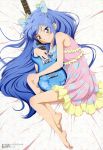  absurdres barefoot blue_hair bow character_request copyright_request dress feet floral_print frilled_dress frills guitar hair_bow heart_print highres instrument legs long_hair looking_at_viewer magical_suite_prism_nana megami nagasaku_tomokatsu object_hug official_art oribe_kotone polka_dot polka_dot_dress purple_eyes smile solo toes very_long_hair violet_eyes 