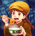  1girl bowl braid brown_eyes brown_hair chopsticks eating hat lafolie open_mouth sheeta solo tenkuu_no_shiro_laputa tongue twin_braids 