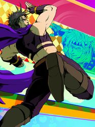  black_hair blue_eyes boots caesar_anthonio_zeppeli doyamatsu fingerless_gloves gloves headband jojo_no_kimyou_na_bouken joseph_joestar_(young) jumping midriff multiple_boys muscle scarf 