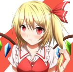  blonde_hair blouse bust flandre_scarlet hair_ribbon holding_hair kuroganeruto light_smile no_hat no_headwear red_eyes ribbon short_hair short_sleeves side_ponytail simple_background solo striped striped_background touhou vest wings 