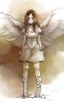  angel_of_flight_alabaster angel_wings arms_at_sides brown_eyes brown_hair character_request dress hair_over_one_eye ikuhana_niiro long_hair magic:_the_gathering pigeon-toed solo white_dress wings 
