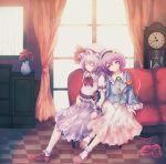  clock closed_eyes couch eyes_closed flower hairband hat komeiji_satori multiple_girls petals pink_hair purple_hair remilia_scarlet rose shippu_man short_hair sitting smile third_eye touhou vase 