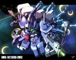  beam_rifle character_name chibi explosion glowing glowing_eye gun gundam gundam_sentinel kaz_(kaz323) letterboxed mecha no_humans panzerfaust signature solo sparkle triple_wielding weapon xeku_zwei 