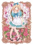  alice_(wonderland) alice_in_wonderland apron blonde_hair bow breasts card cleavage elaborate_frame falling_card floating_card flower food frame fruit hair_bow highres kishida_mel mary_janes playing_card polka_dot purple_card red_rose rose shoes smile solo strawberry 