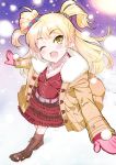  blonde_hair blush coat hekiten highres idolmaster idolmaster_cinderella_girls jougasaki_rika long_hair mittens open_mouth outstretched_arms skirt smile snow solo spread_arms twintails two_side_up wink yellow_eyes 