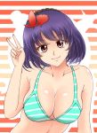  bikini breasts cleavage highres large_breasts leaf purple_hair shimenawa short_hair smile solo swimsuit touhou v x&amp;x&amp;x yasaka_kanako 