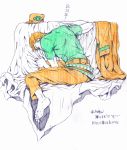  barefoot belt color_trace colored_pencil_(medium) hat jacket jacket_removed jojo_no_kimyou_na_bouken katomiman kuujou_joutarou ribbon sleeping solo traditional_media 
