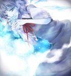  blue_dress blue_eyes blue_hair cirno dress flower ice kreuz2 looking_at_viewer puffy_sleeves reflection ribbon short_hair short_sleeves smelling_flower solo touhou 