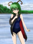  antennae bare_shoulders blush cape drop green_eyes green_hair lake short_hair solo swimsuit tachi_(mtd) touhou wriggle_nightbug 