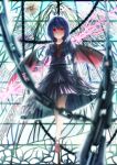  absurdres bat_wings blue_hair canae0 chain chains dress glowing glowing_eyes grin highres long_sleeves no_hat no_headwear red_eyes remilia_scarlet short_hair smile solo spear_the_gungnir stained_glass touhou wings 