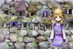  acrylic_paint_(medium) blonde_hair dress fern frog frown hair_ribbon hat hoop looking_at_viewer moriya&#039;s_iron_rings moriya's_iron_rings moriya_suwako moss payot purple_eyes ribbon shide short_hair shrine solo standing stone_wall touhou traditional_media violet_eyes wall yokan_222 