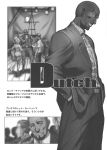  bald black_lagoon dark_skin dutch earrings facial_hair formal goatee hands_in_pockets hawaiian_shirt headphones highres hiroe_rei jewelry military monochrome muscle raised_eyebrow scan suit translated translation_request vest 