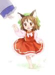  animal_ears barefoot brown brown_eyes brown_hair cat_ears chen clenched_hand hat highres jewelry kiriu open_mouth short_hair single_earring solo touhou yakumo_ran 
