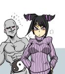  1girl abs bald black_hair blush breasts grey_skin han_juri hands_on_hips pectorals pointy_hair purple_eyes ribbed_sweater seth_(street_fighter) street_fighter street_fighter_iv super_street_fighter_iv sweater turtleneck twintails violet_eyes yin_yang 