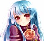  blue_hair blush candy gloves king_of_fighters kula_diamond lollipop long_hair looking_at_viewer puracotte red_eyes smile solo 