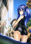  alternate_hairstyle ass blue_hair catfish fish food fruit hinanawi_tenshi kyon_(fuuran) long_hair looking_back multiple_girls nagae_iku one-piece_swimsuit peach red_eyes school_swimsuit smile swimsuit touhou twintails wading water waterfall 