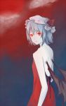  back bare_shoulders bat_wings blue_hair dress hat hat_ribbon hometown looking_back red_dress red_eyes remilia_scarlet ribbon short_hair solo strapless_dress touhou wings 