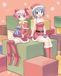  2girls bare_shoulders belt blue_eyes blue_hair bow christmas collarbone dress gift gloves gonzaburou hair_bow hat highres kaname_madoka mahou_shoujo_madoka_magica miki_sayaka multiple_girls open_mouth pink_eyes pink_hair santa_costume santa_hat short_hair short_twintails smile snowflakes thigh_boots thighhighs twintails 