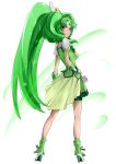  boots bow cure_march dress from_behind green_eyes green_hair highres long_hair looking_back magical_girl midorikawa_nao nukosann ponytail precure skirt smile_precure! solo tiara tri_tails very_long_hair wind wrist_cuffs 